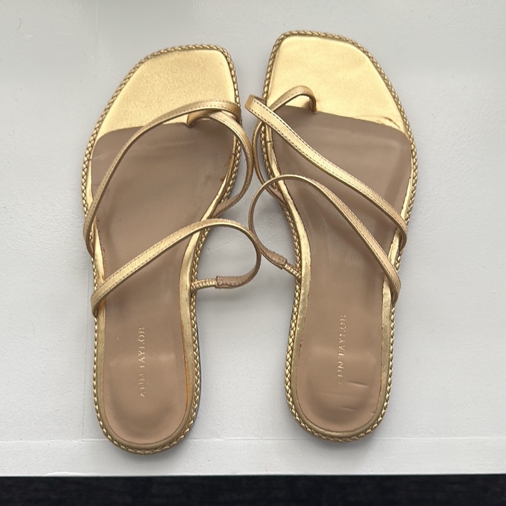 Ann Taylor flat, slip on sandal in gold (like new)